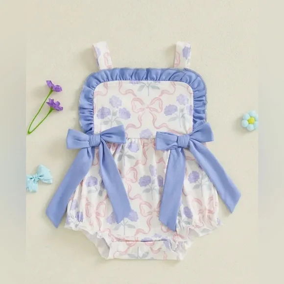 Adorable baby girls pink & blue ruffle bow printed floral smocked bubble romper! - Picture 1 of 2